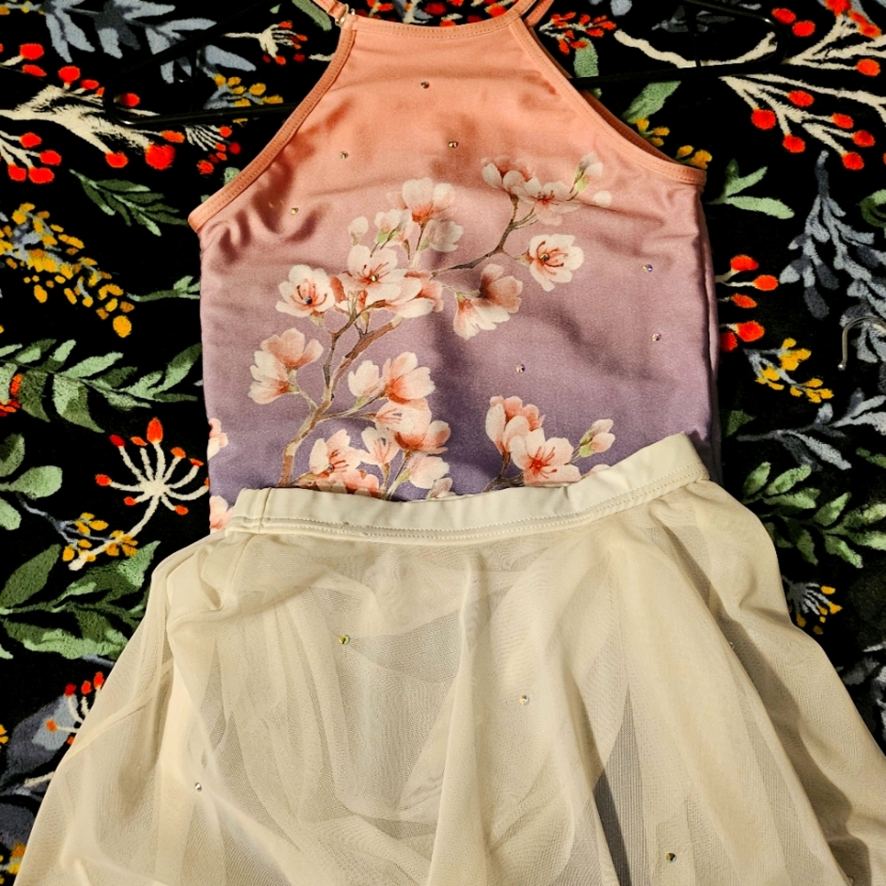 Inked Cherry Blossom  Leotard with white skirt. All stoned CM